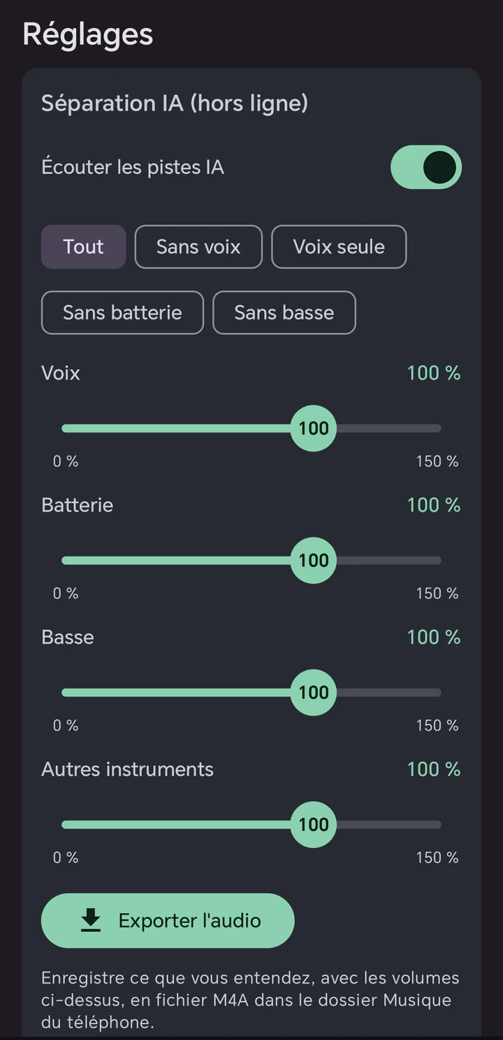Séparation IA : préréglages Tout, Sans voix, Voix seule, Sans batterie, Sans basse et un volume par piste